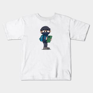 boy with a masked face is using a mobile phone Kids T-Shirt